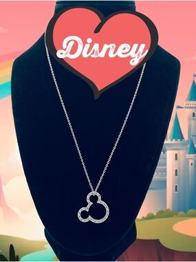 Vintage Disney Mickey Mouse Open Silhouette Necklace, Silver Tone Pavé Crystal